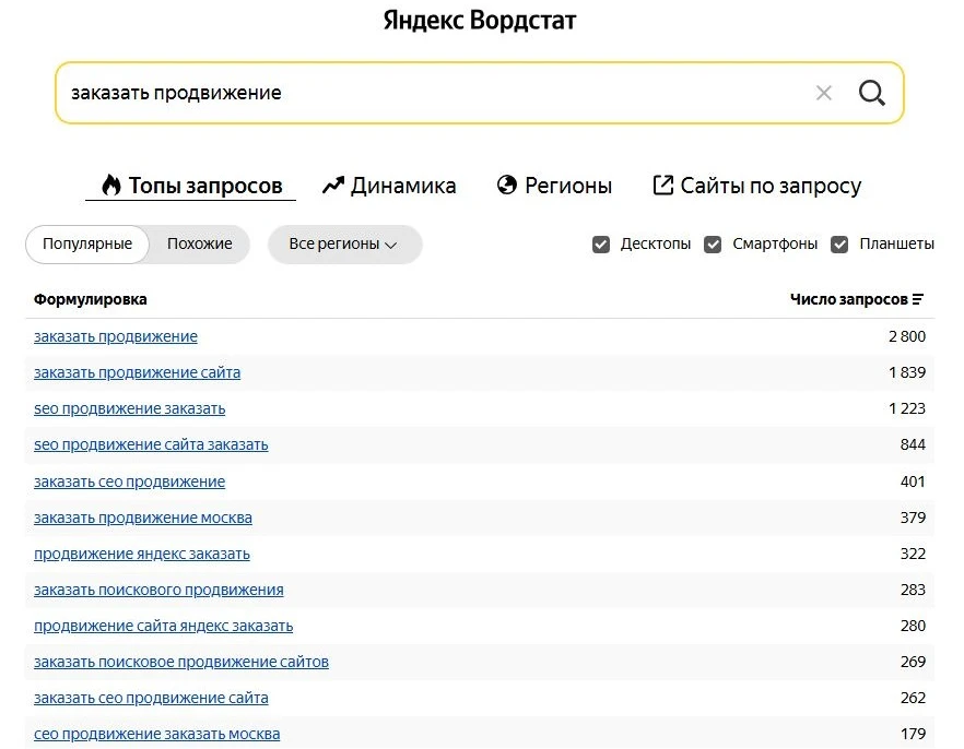 Интерфейс Яндекс Вордстат со списком популярных поисковых запросов.