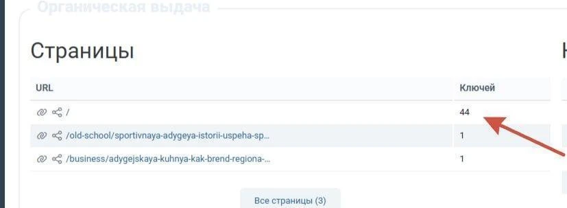 Таблица страниц сайта с URL и количеством ключевых запросов