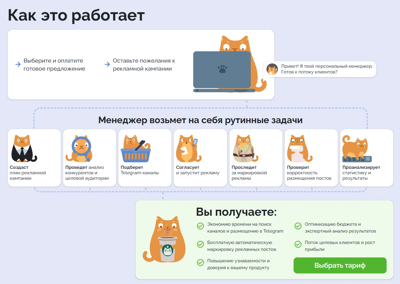 Схема работы сервиса с этапами ведения рекламной кампании персональным менеджером.