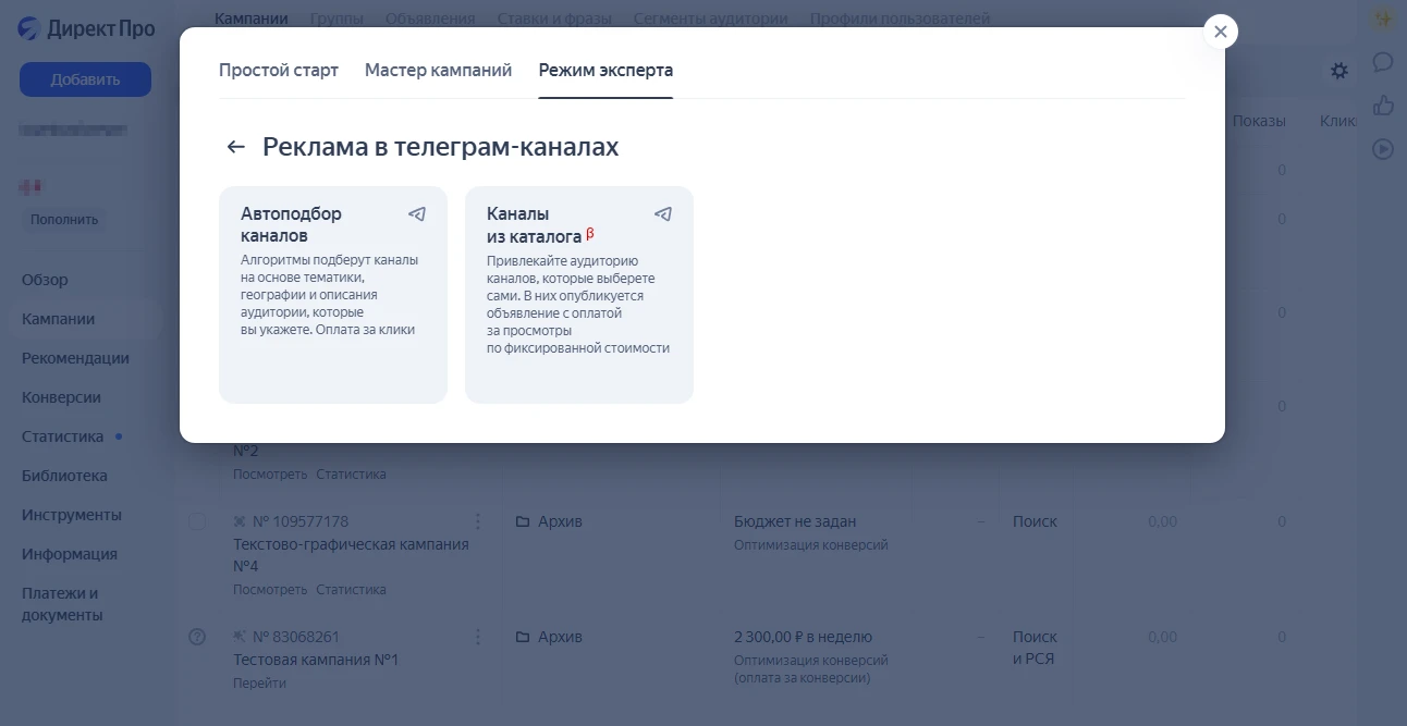 Интерфейс настройки рекламы в Telegram через сервис Директ Про.