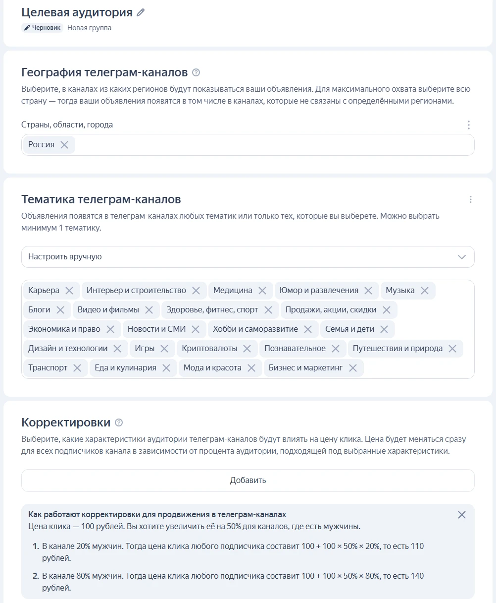 Выбор географии, тематики и корректировок ставок для целевой аудитории.