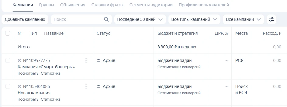Таблица со списком рекламных кампаний, их статусами и бюджетами.