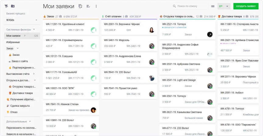 Список заявок и заказов в CRM-системе с суммами