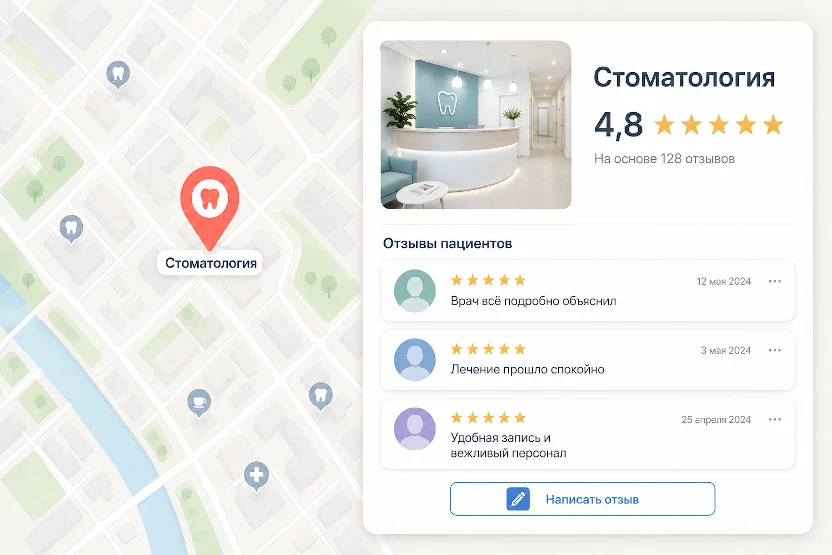 Пример карточки компании с отзывами на карте.