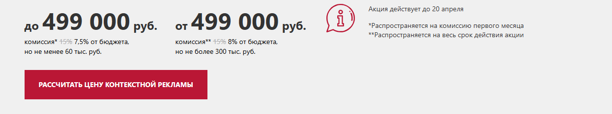 Цены и расчет контекстной рекламы, комиссии, акция 20 апреля